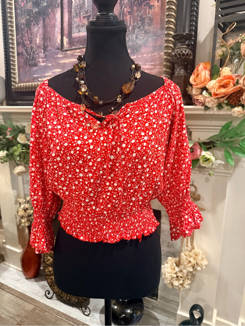 Red Floral Tie-Front Smocked Crop Top - Women